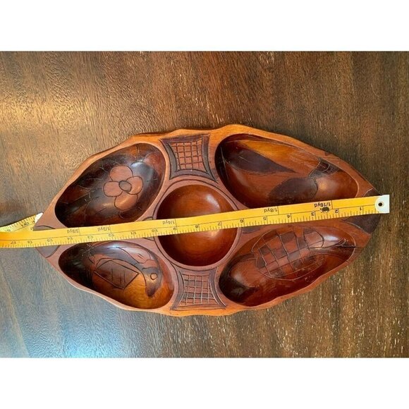 - Carved Oval Wooden Bowl 5 Compartments Heavy - Picture 5 of 6